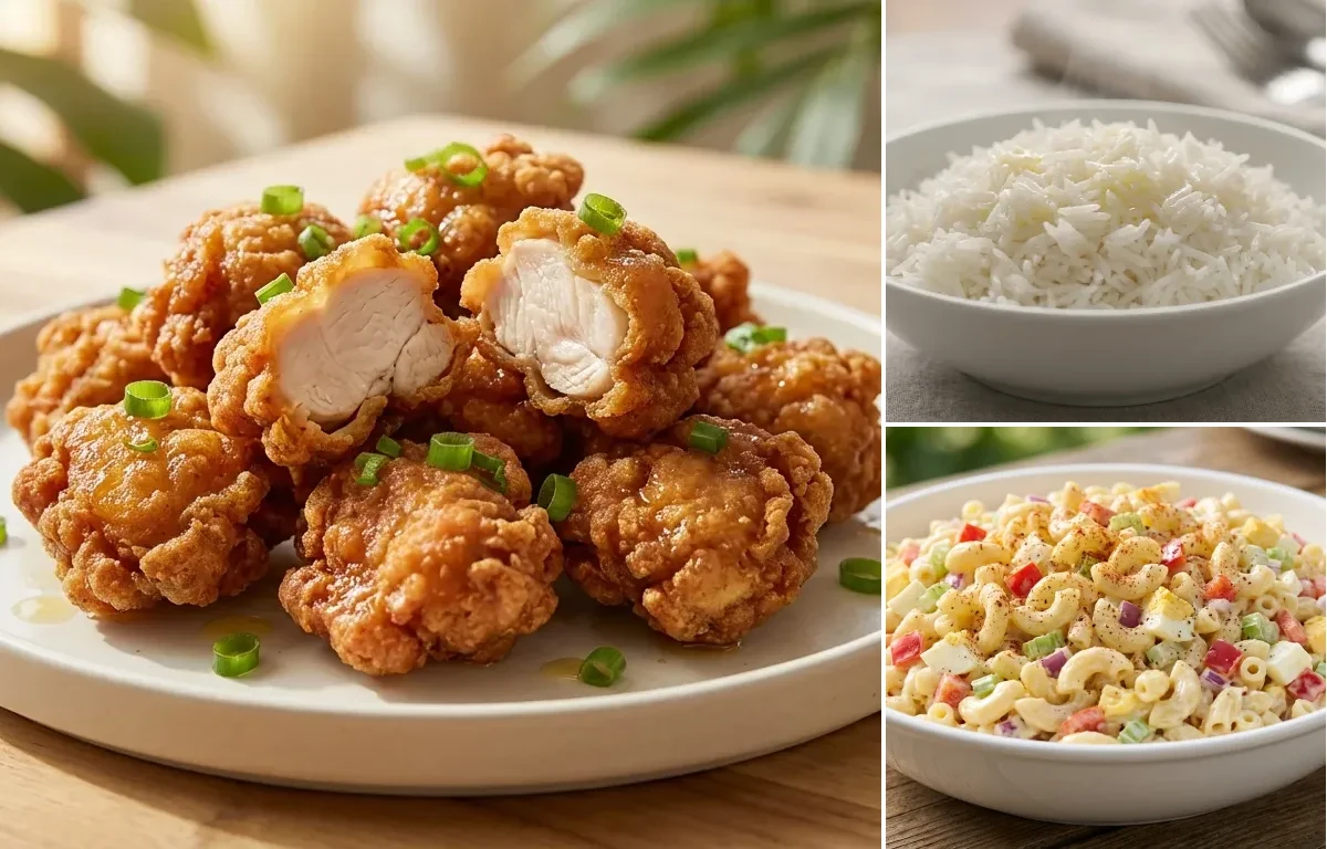 Mochiko Chicken with Steamed Basmati Rice and Macaroni Salad