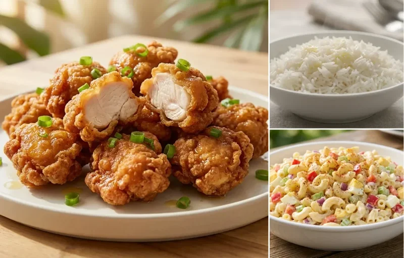 Mochiko Chicken with Steamed Basmati Rice and Macaroni Salad