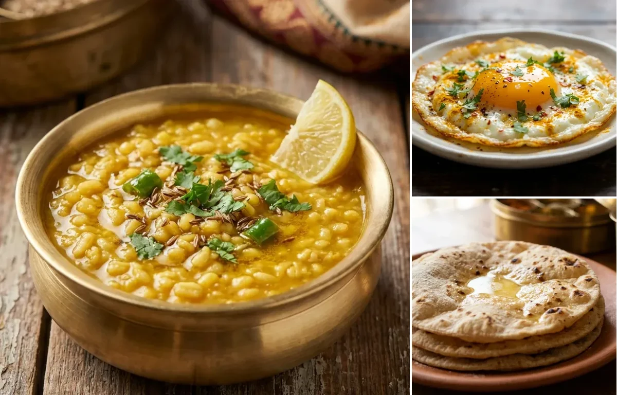 Mogar Dal with Fried Egg and Roti