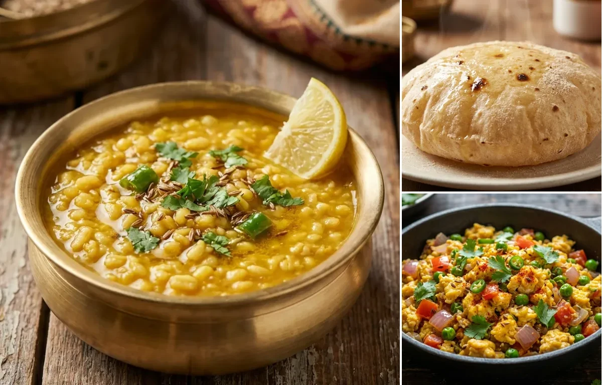 Mogar Dal with Phulka and Egg Bhurji with Peas