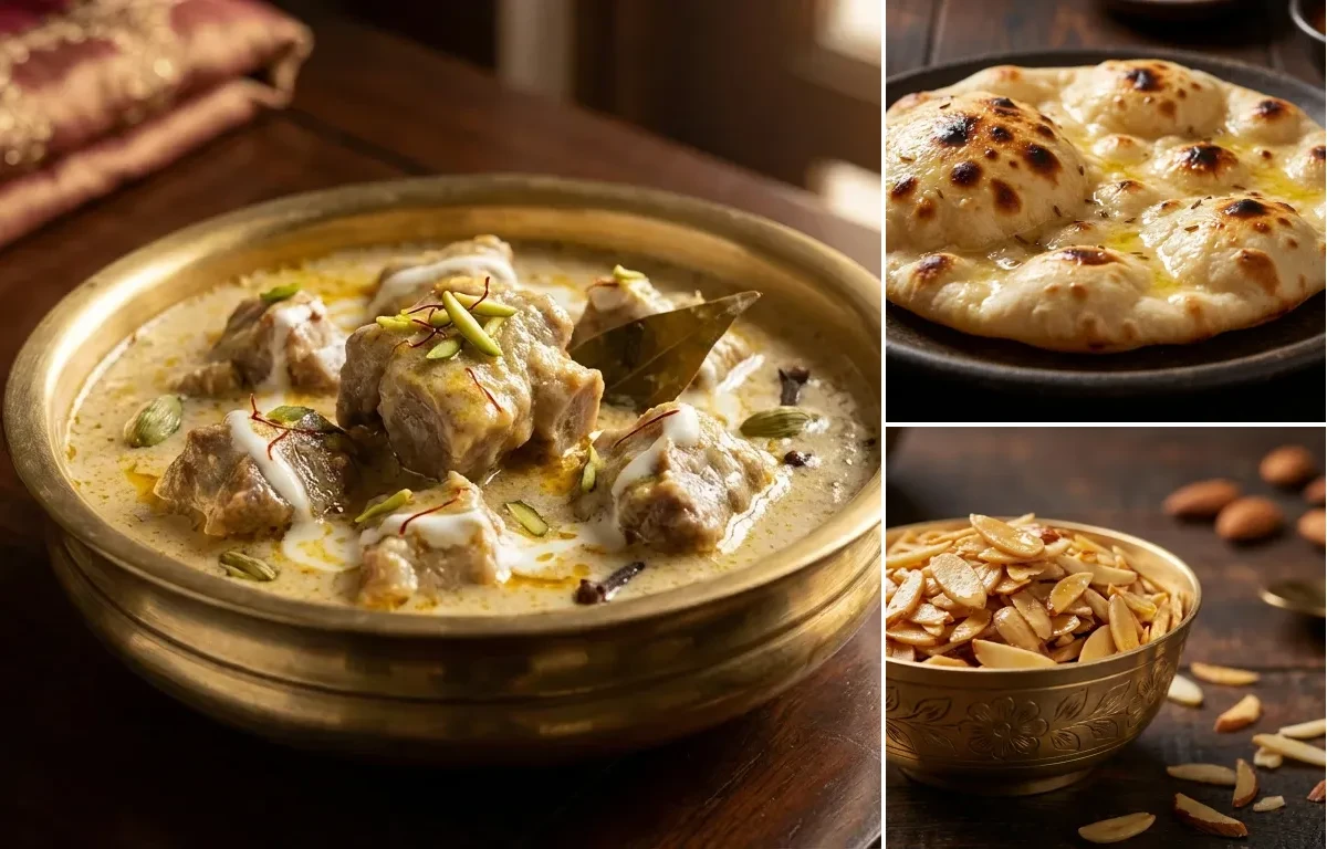 Mohan Maas with Khamiri Roti and Almond Garnish