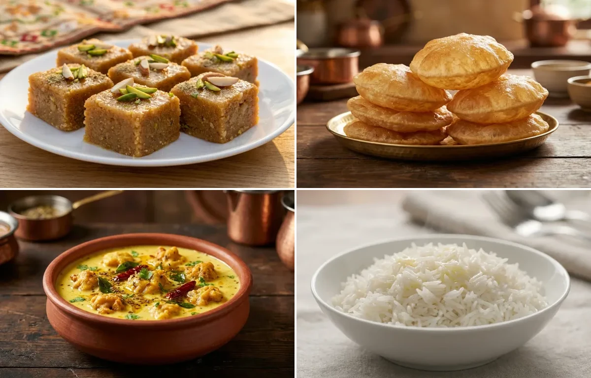 Mohanthal with Puri, Punjabi Kadhi Pakora and Steamed Basmati Rice