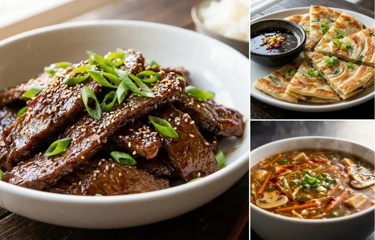 Mongolian Beef with Scallion Pancakes and Hot and Sour Soup