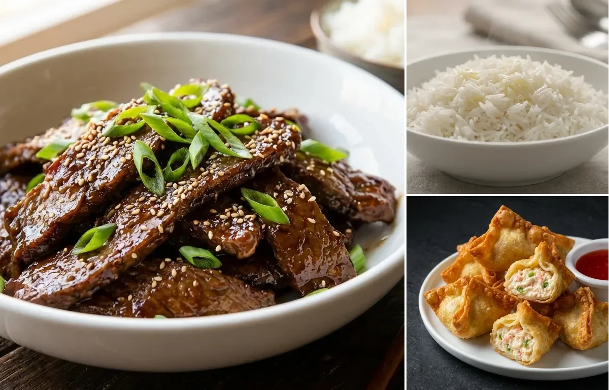 Mongolian Beef with Steamed Basmati Rice and Crab Rangoon