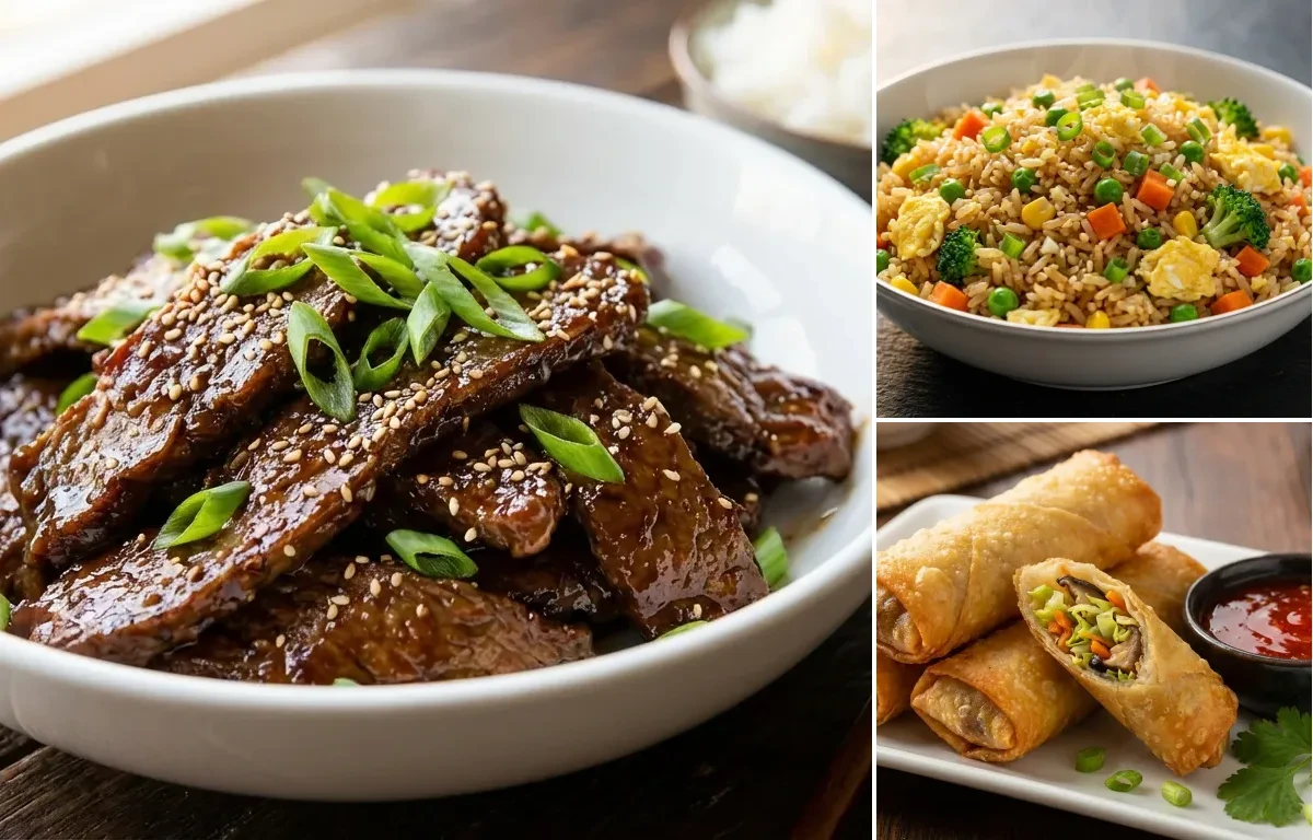 Mongolian Beef with Vegetable Fried Rice and Fried Spring Rolls
