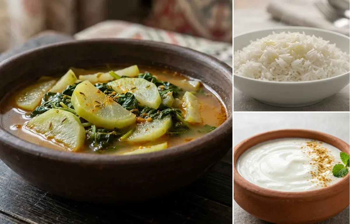 Monji Haak with Steamed Basmati Rice and Dahi