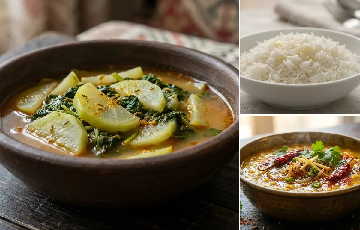 Monji Haak with Steamed Basmati Rice and Dal Tadka
