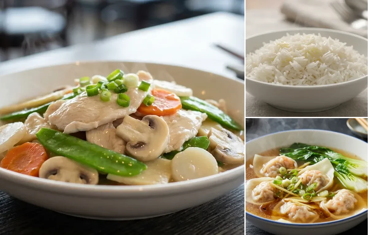 Moo Goo Gai Pan with Steamed Basmati Rice and Wonton Soup