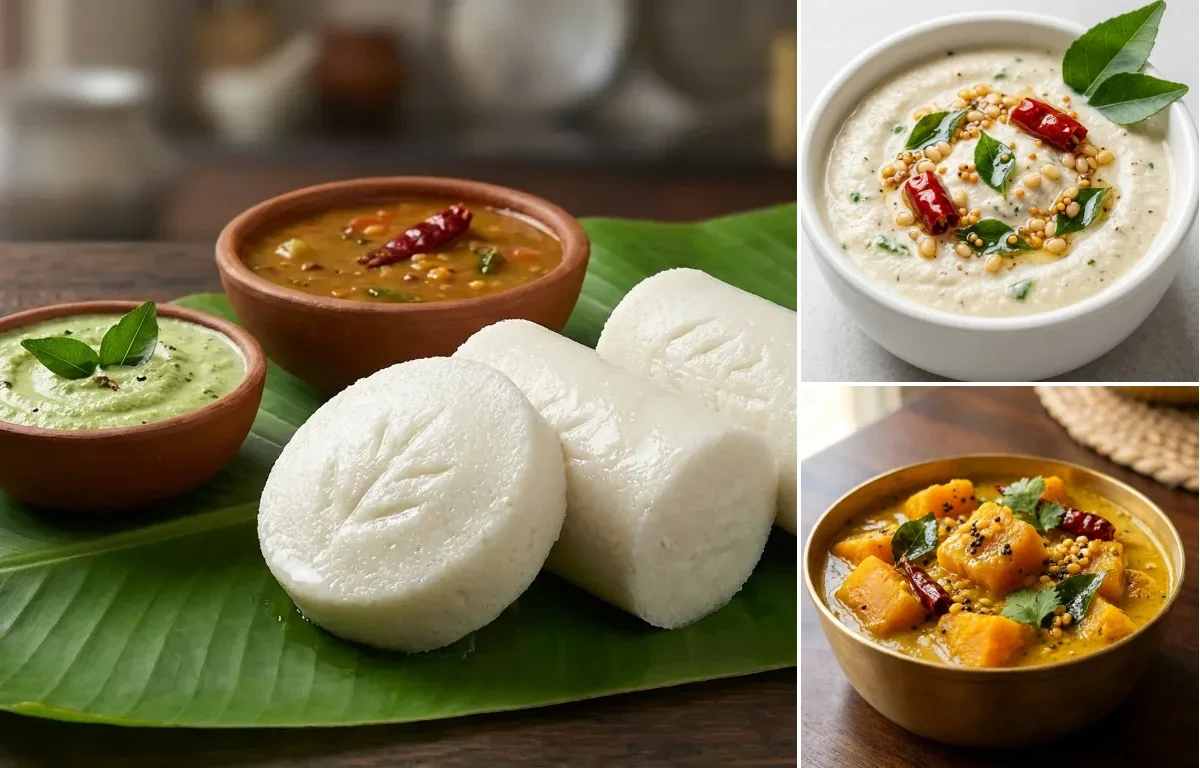 Moode Idli with Coconut Chutney and Mangalorean Pumpkin Koddel
