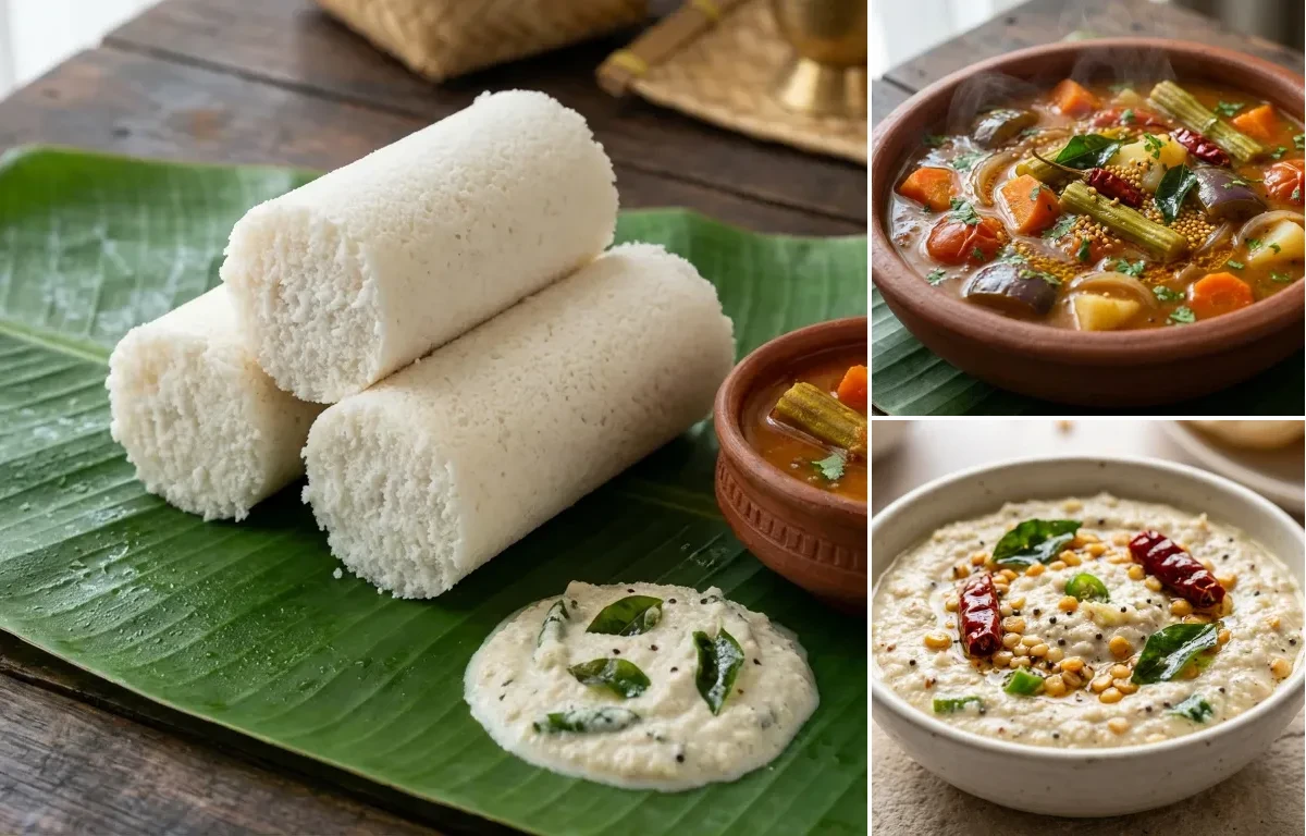 Moode with Vegetable Sambar and Kayi Chutney