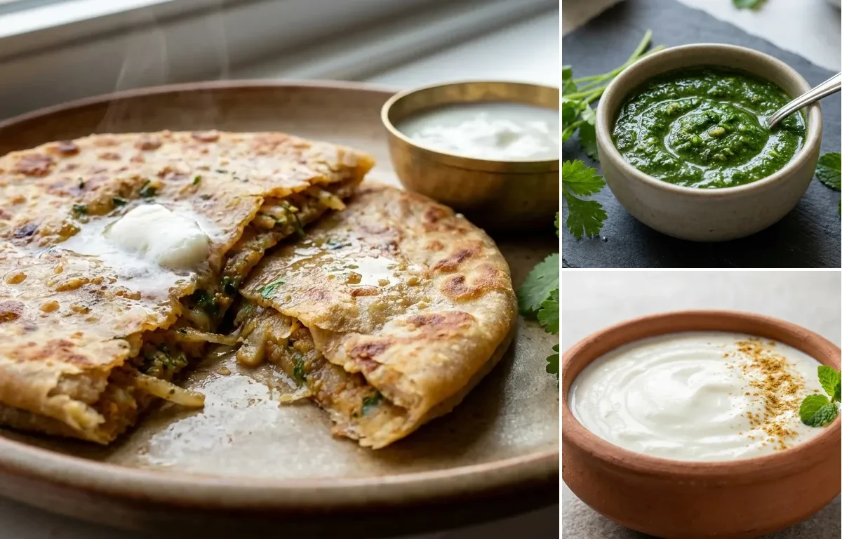 Mooli Paratha with Coriander Mint Chutney and Dahi