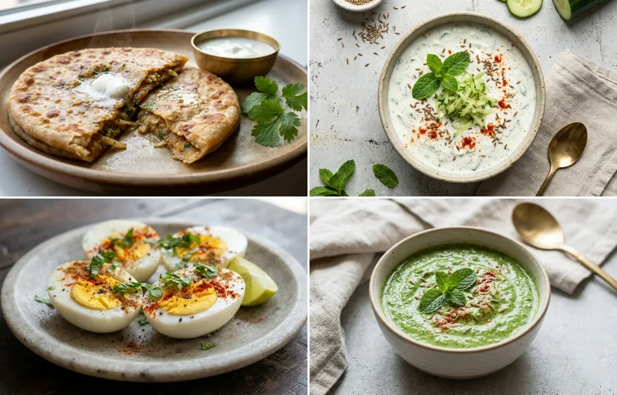 Mooli Paratha with Cucumber Mint Raita, Boiled Eggs, Yogurt With Fruit and Mint Yogurt Chutney