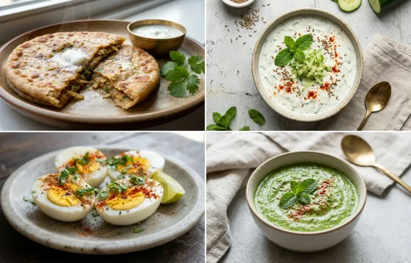 Mooli Paratha with Cucumber Mint Raita, Boiled Eggs, Yogurt With Fruit and Mint Yogurt Chutney