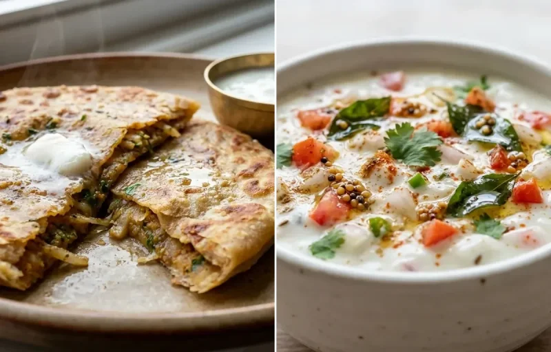 Mooli Paratha with Onion Tomato Raita, Two Boiled Eggs, Yogurt With Fruit and Mint Coriander Chutney No-Salt