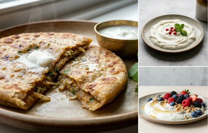Mooli Paratha with Plain Curd and Yogurt Berry Bowl