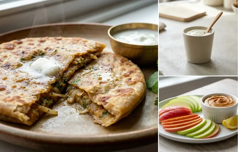 Mooli Paratha with Plain Yogurt Cup and Apple Slices With Peanut Butter