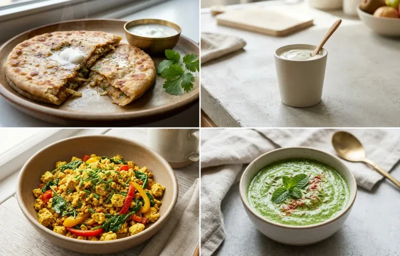 Mooli Paratha with Plain Yogurt Cup, Tofu Scramble and Mint Yogurt Chutney