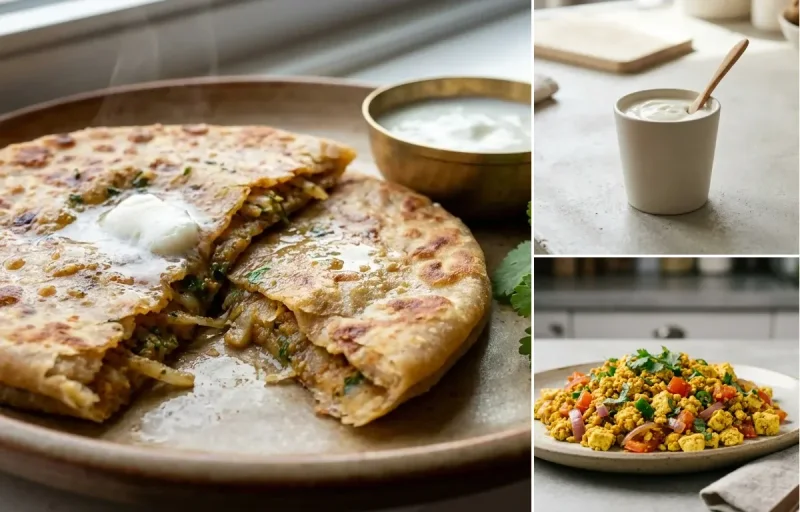 Mooli Paratha with Plain Yogurt Cup, Vegan Tofu Bhurji and Mint Coriander Chutney No-Salt