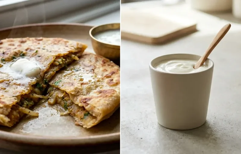Mooli Paratha with Plain Yogurt Cup, Yogurt With Fruit and Mint Coriander Chutney No-Salt