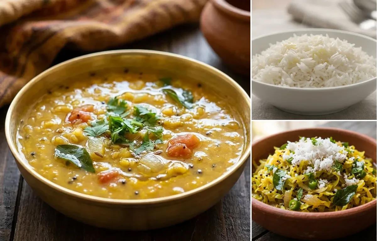 Moong Dal Amti with Steamed Basmati Rice and Cabbage Bhaji