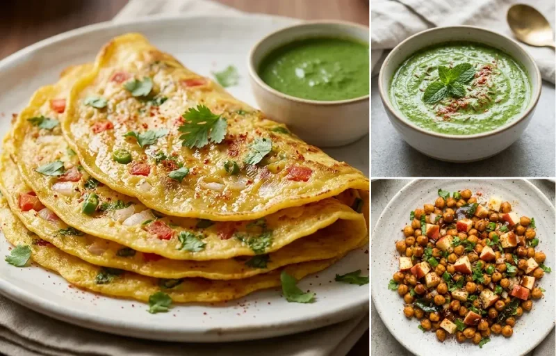 Moong Dal Chilla with Mint Yogurt Chutney, Plain Yogurt Cup and Roasted Chana With Apple