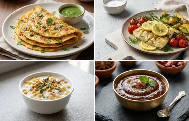 Moong Dal Chilla with No-Salt Whole Wheat Roti, Baked Cod With Lemon, Boondi Raita and Tamarind Date Chutney