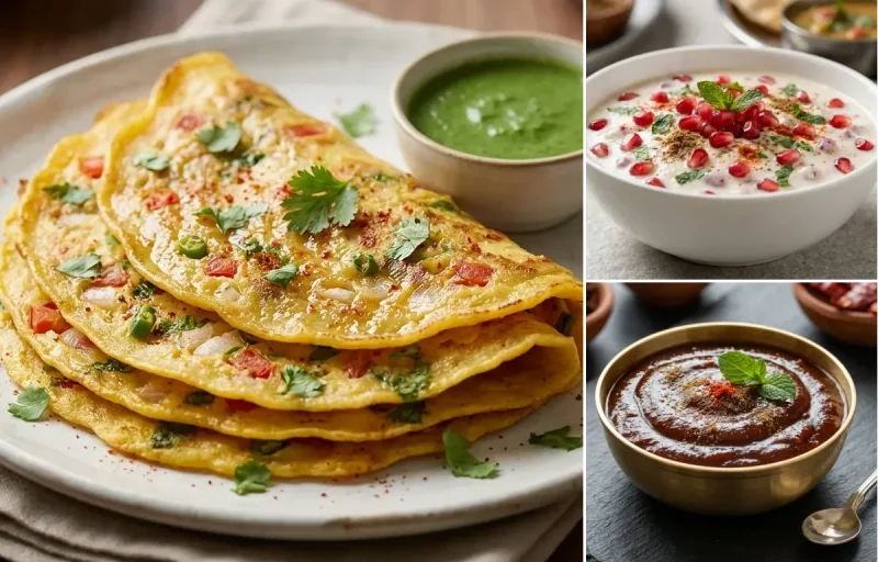 Moong Dal Chilla with One Chapati, Egg Bhurji Main, Pomegranate Raita and Tamarind Date Chutney