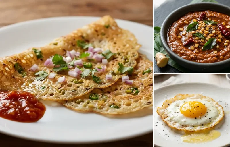 Moong Dal Dosa with Ginger Chutney and Sunny Side Up