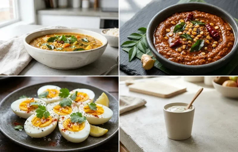 Moong Dal Idli with Drumstick Sambar, Ginger Chutney, Boiled Egg and Plain Yogurt Cup