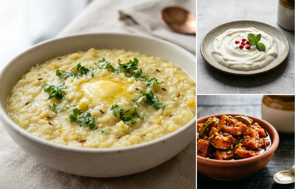 Moong dal khichdi + curd + pickle
