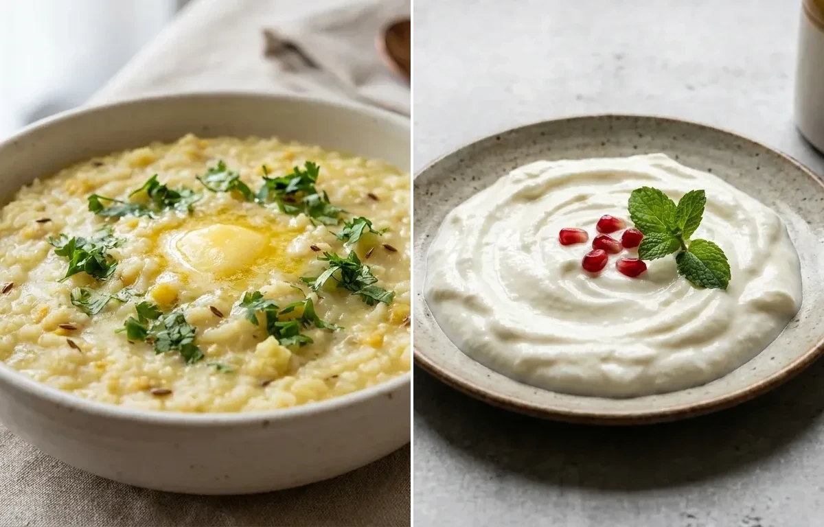 Moong dal khichdi + curd + pickle
