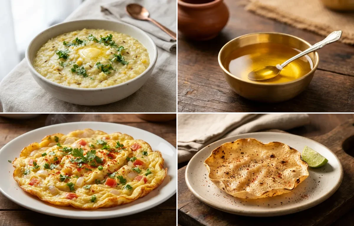 Moong Dal Khichdi with Ghee and Masala Omelette