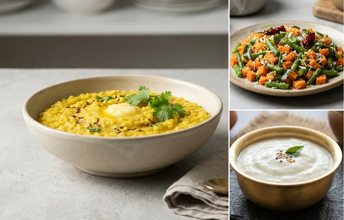 Moong Dal Khichdi, Steamed Carrots and Green Beans and Perugu