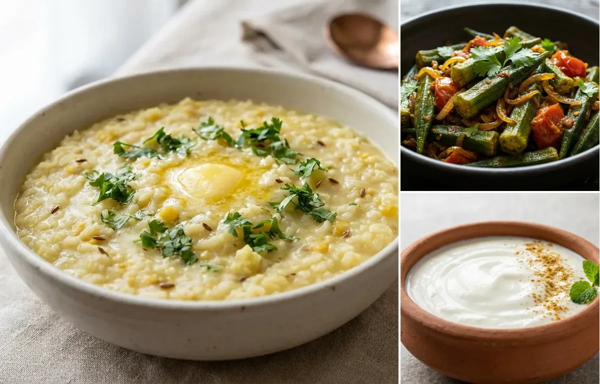 Moong Dal Khichdi with Bhindi Sabzi with Dahi