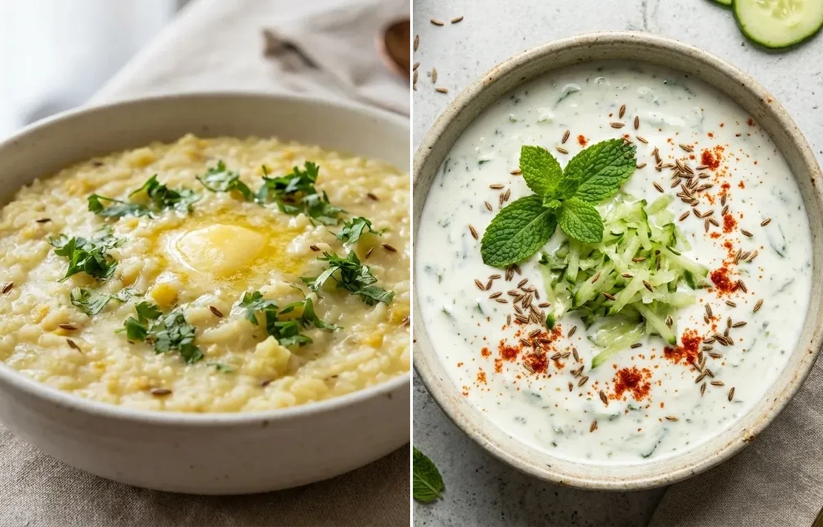 Moong Dal Khichdi with Cucumber Mint Raita with Phulka