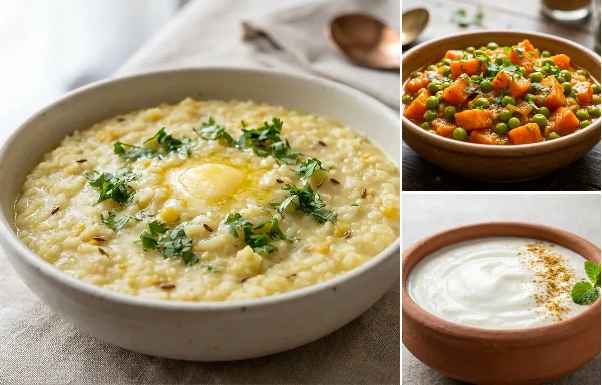 Moong Dal Khichdi with Gajar Matar Sabzi with Dahi