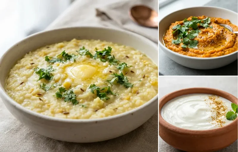 Moong Dal Khichdi with Carrot Mash with Dahi