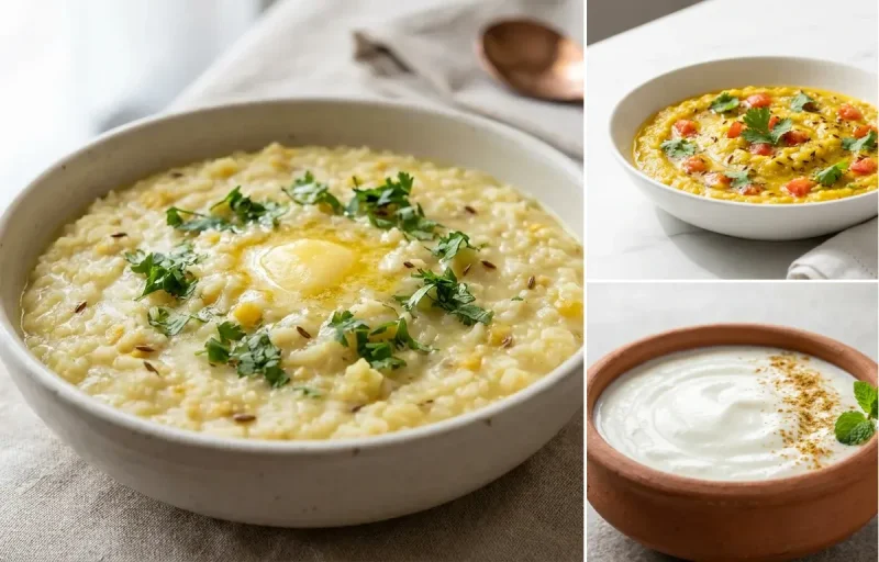 Moong Dal Khichdi with Mashed Lauki with Dahi