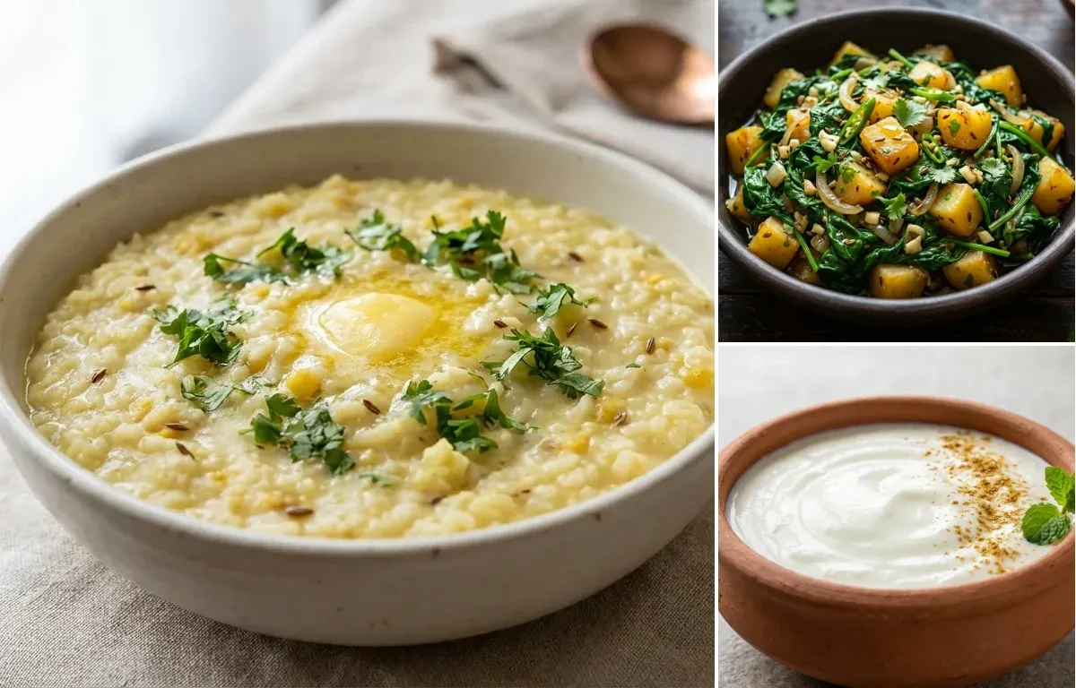 Moong Dal Khichdi with Paleng Xaak Bhaji with Dahi