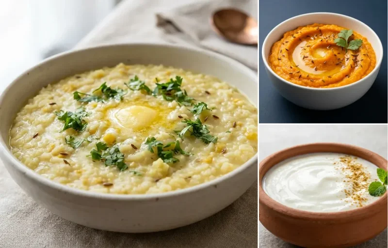 Moong Dal Khichdi with Mashed Carrot with Dahi
