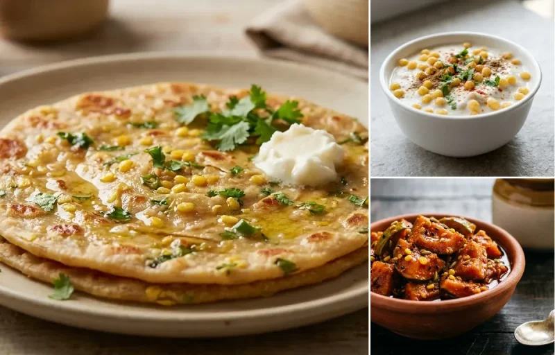 Moong Dal Paratha with Boondi Raita and Mango Pickle