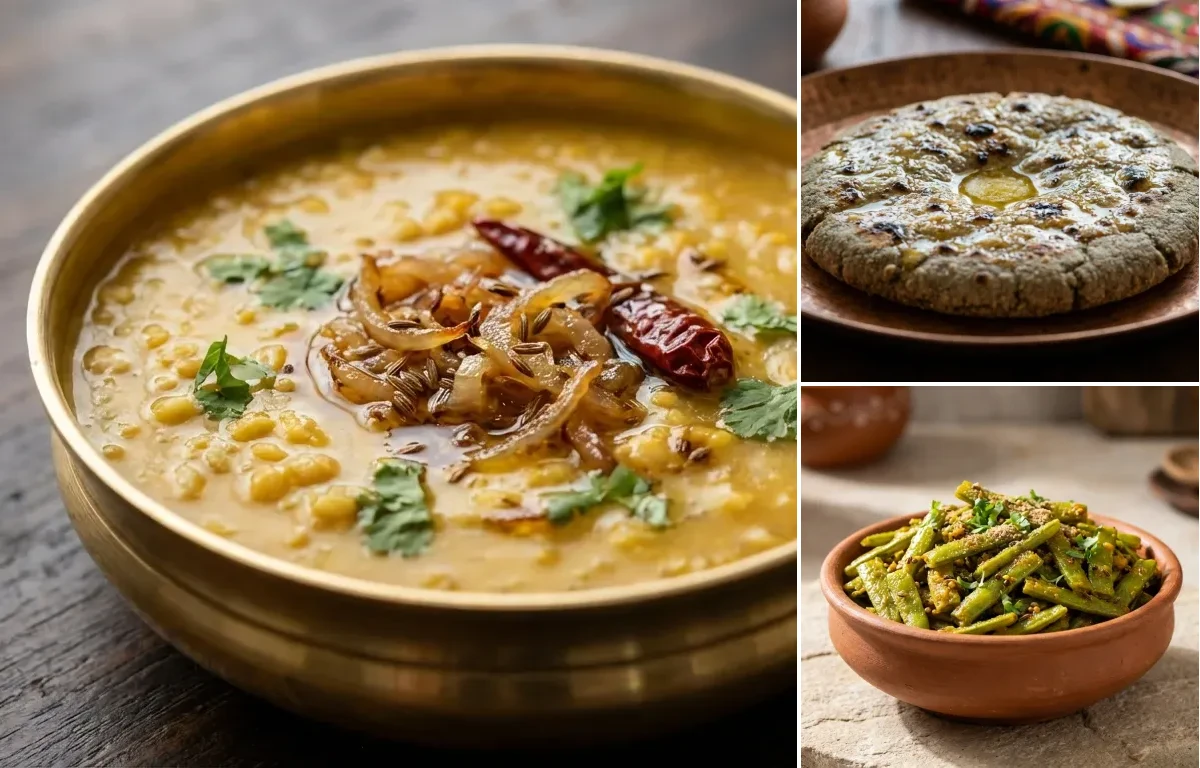 Moong Dal Tadka with Bajra Roti and Guvar Fali ki Sabzi