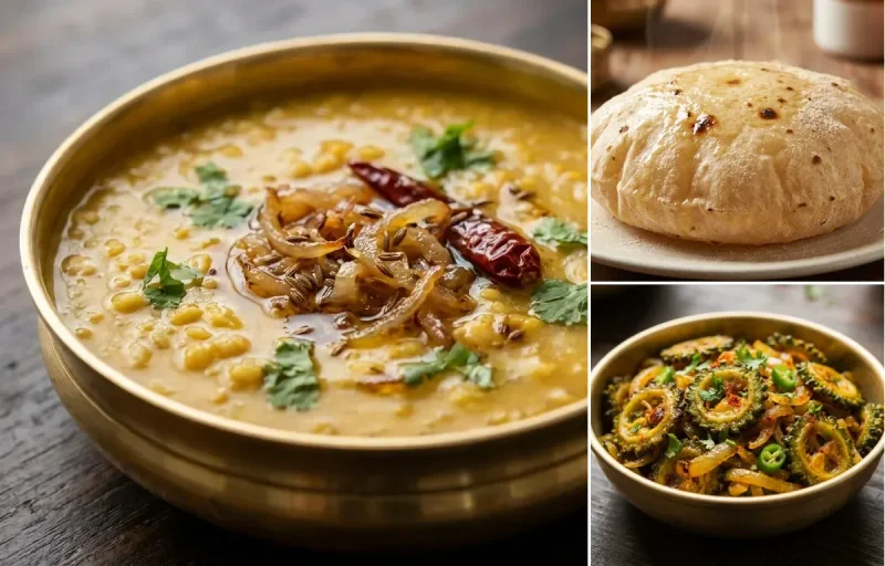 Moong Dal Tadka with Phulka and Karela Basar