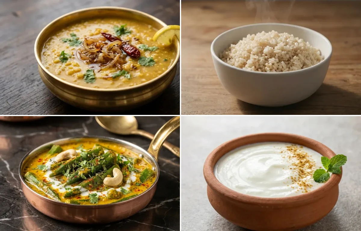 Moong Dal Tadka with Steamed White Rice with Shahi Bhindi with Dahi