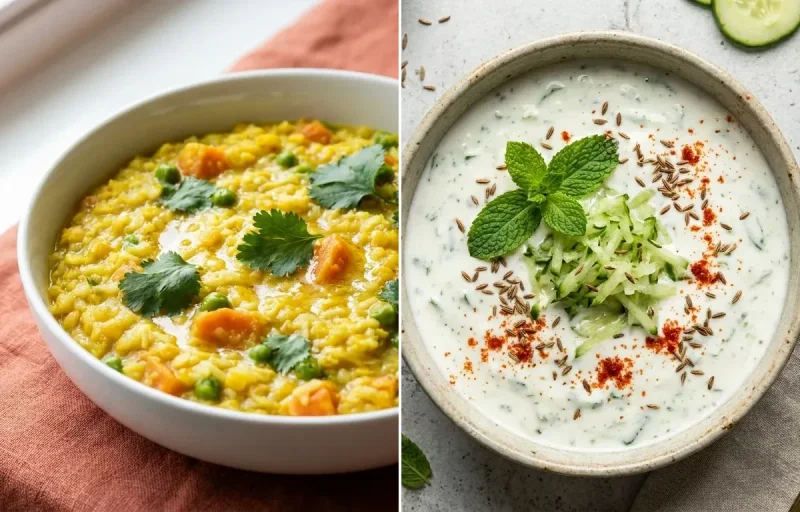 Moong Dal Vegetable Khichdi with Cucumber Mint Raita with Bajra Roti