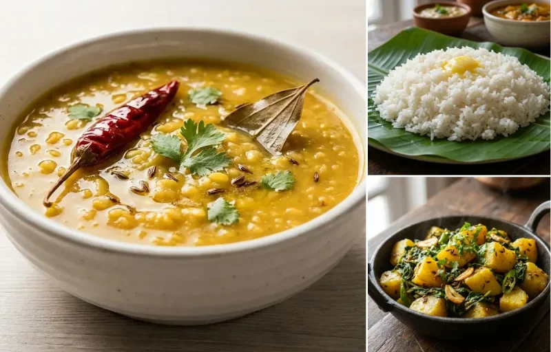 Moong Dal with Steamed White Rice with Aloo Methi Sabzi with Kachumber with Chaas