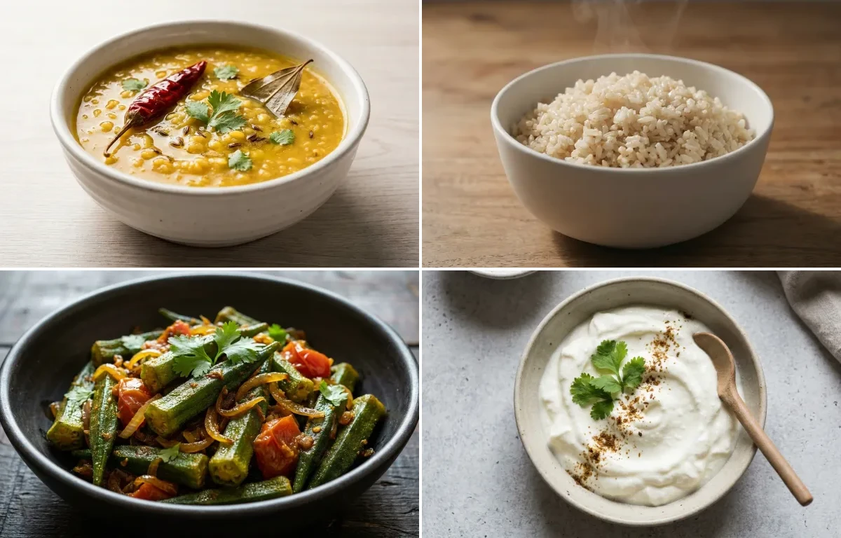 Moong Dal with Steamed White Rice with Bhindi Sabzi with Plain Dahi