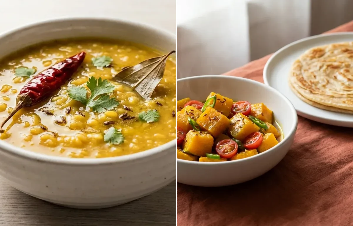 Moong Dal with Steamed White Rice with Kaddu Sabzi With Paratha