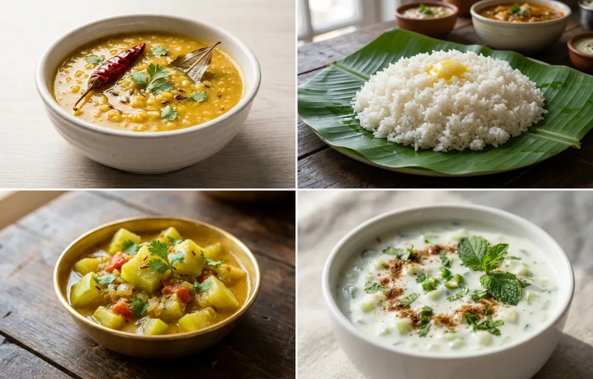 Moong Dal with Steamed White Rice with Lauki Sabzi with Cucumber Raita