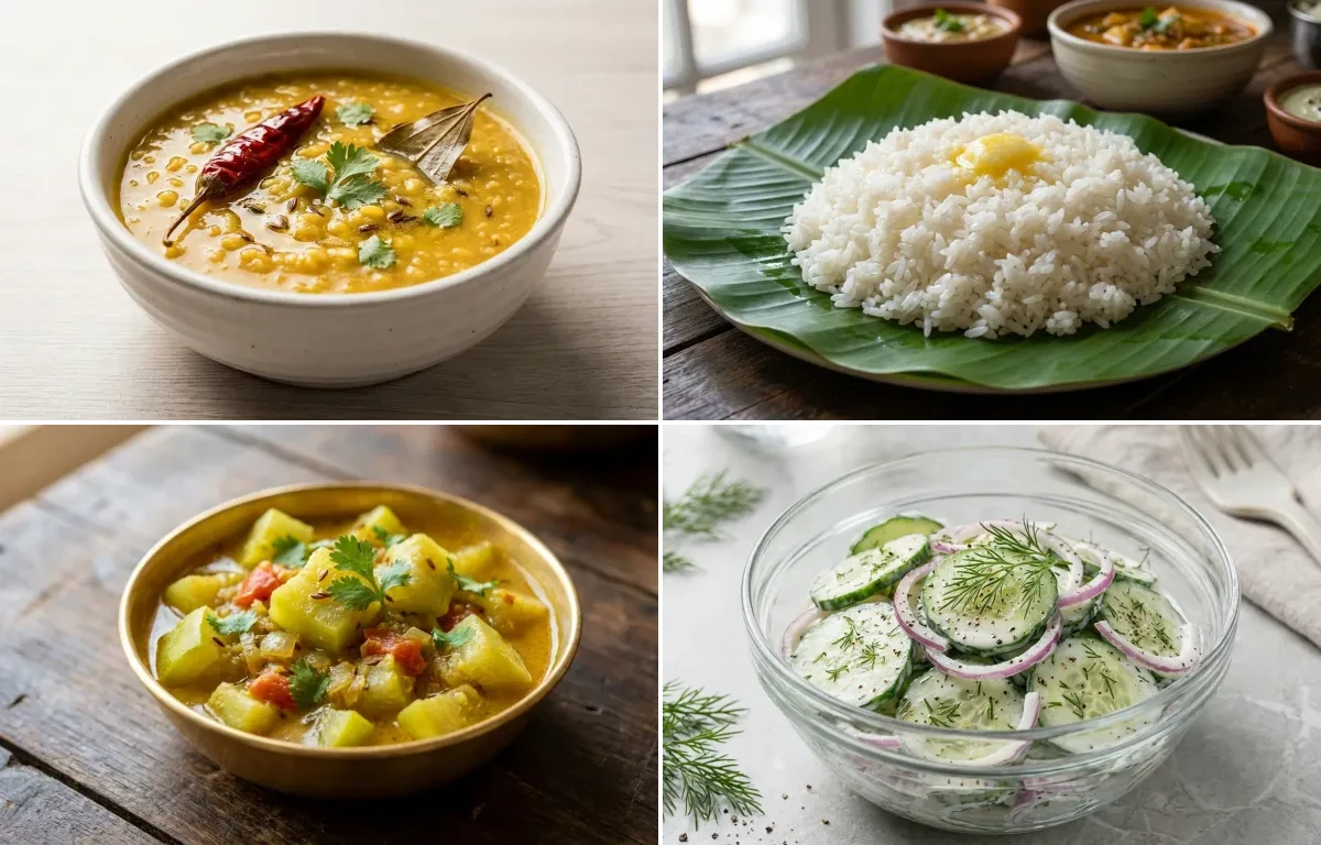 Moong Dal with Steamed White Rice with Lauki Sabzi with Cucumber Salad